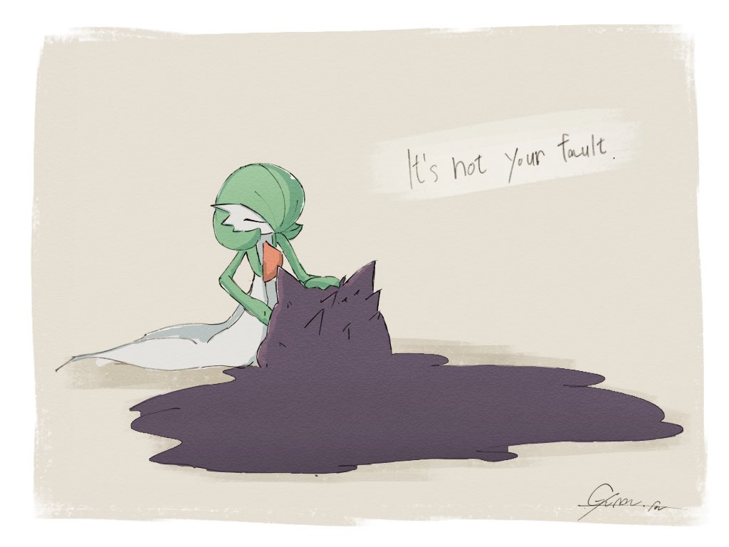 bob_cut, closed_eyes, colored_skin, dress, gardevoir, gengar, ghost, green_hair