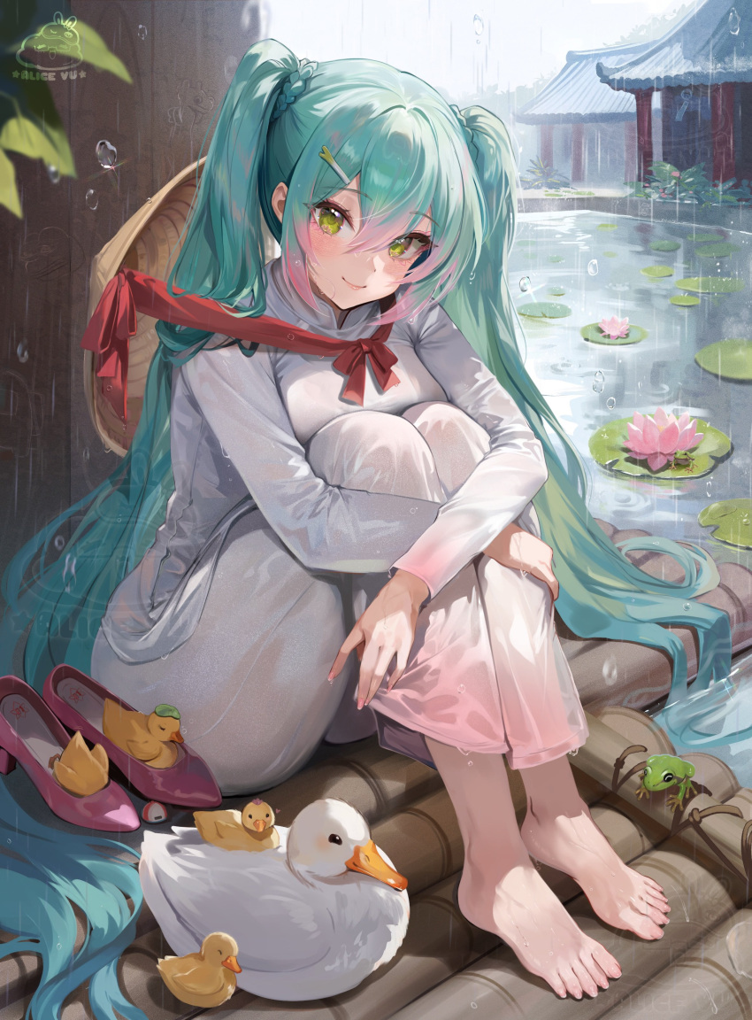 1girl, absurdres, alice_vu, aqua_hair, architecture, bamboo, bird, conical_hat
