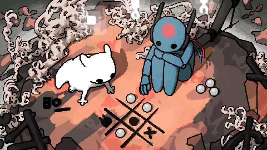 1girl, barefoot, blue_skin, cable, circle_facial_mark, colored_skin, creature, cross, facial_mark, forehead_mark, grey_background, highres, ifriedudon, iterator_(rain_world), joints, looking_down, looks_to_the_moon, monster, neuron_fly_(rain_world), no_mouth, nude, on_ground, pearl_(rain_world), pixel_art, rain_world, robot, robot_ears, robot_girl, robot_joints, rock, slugcat, survivor_(rain_world), tic-tac-toe, vegetation, white_fur