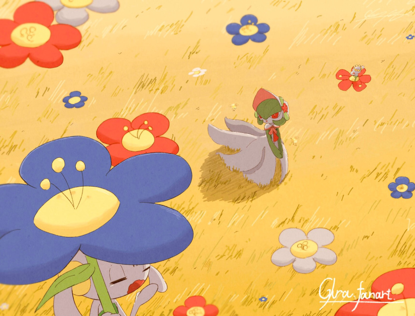 blue_flower, bob_cut, bonnet, dress, flabebe, flabebe_(red_flower), floette, floette_(blue_flower)