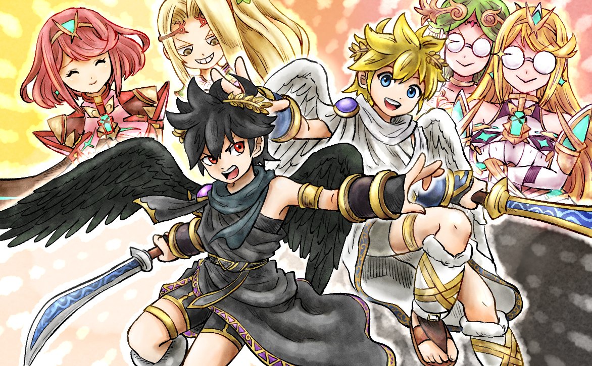 2boys, 4girls, ahoge, alternate_color, angel, angel_wings, bike_shorts, black_hair