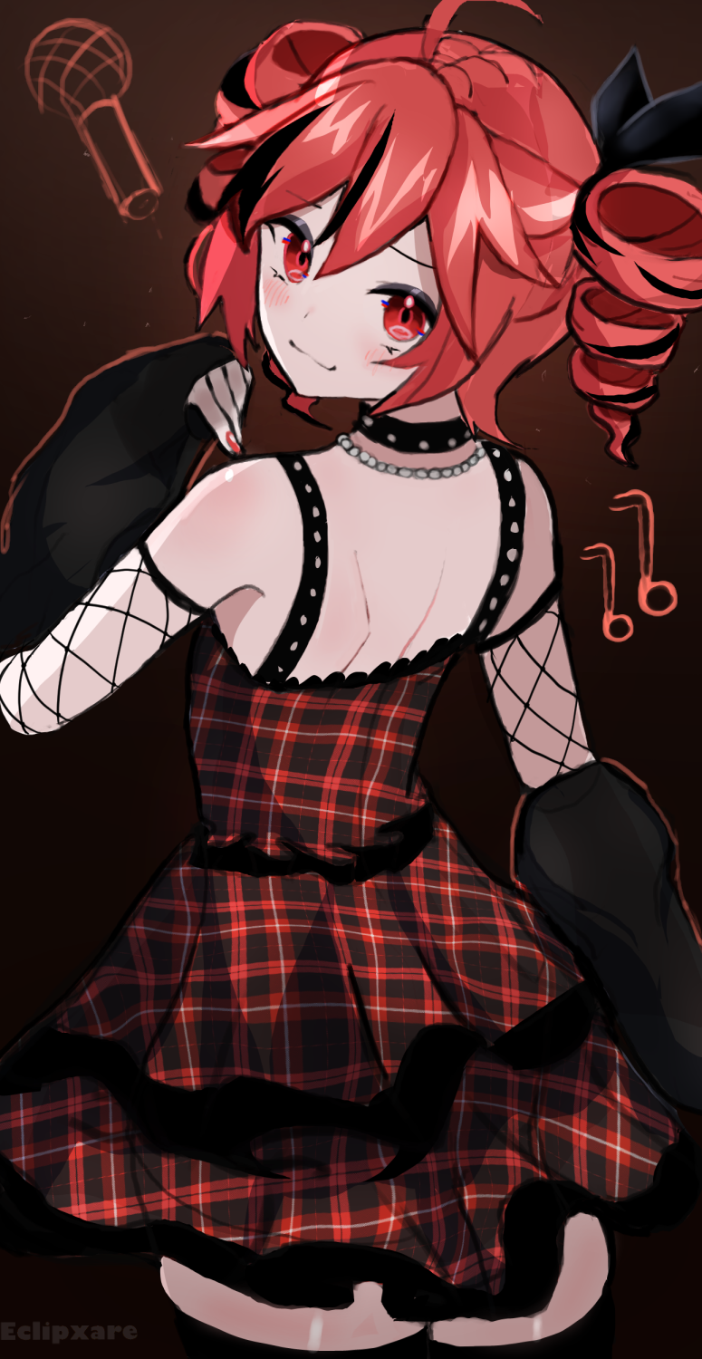 1girl, ahoge, alternate_costume, arm_warmers, blush, collar, dress, drill_hair