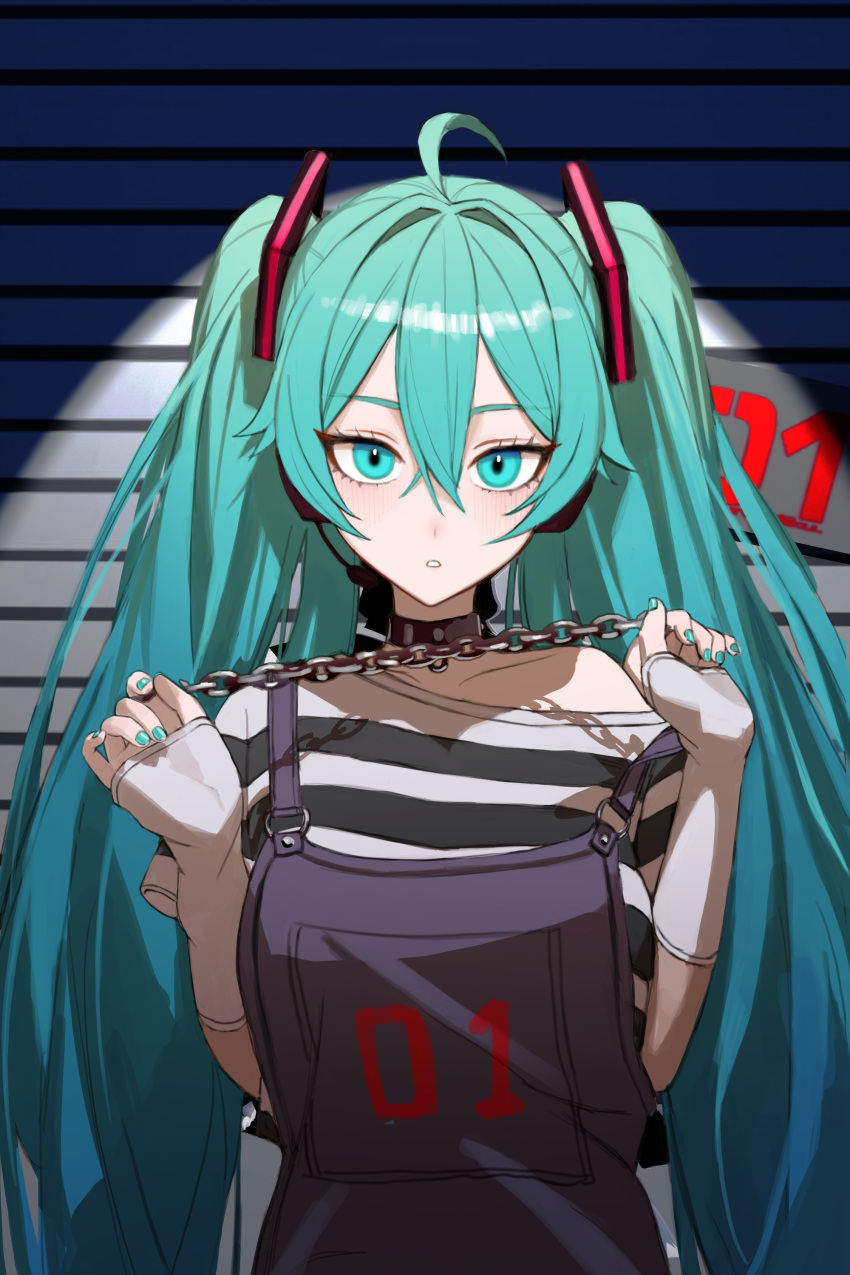 1girl, absurdres, ahoge, aqua_eyes, aqua_hair, arm_warmers, blue_eyes, blue_hair, blue_nails, chain, chain_leash, collar, collarbone, hair_between_eyes, hair_ornament, hatsune_miku, headphones, highres, holding, korean_commentary, leash, long_hair, looking_at_viewer, mugshot, off-shoulder_shirt, off_shoulder, overalls, parted_lips, shirt, simple_background, simsimhea, solo, straight-on, striped_clothes, striped_shirt, twintails, very_long_hair, vocaloid
