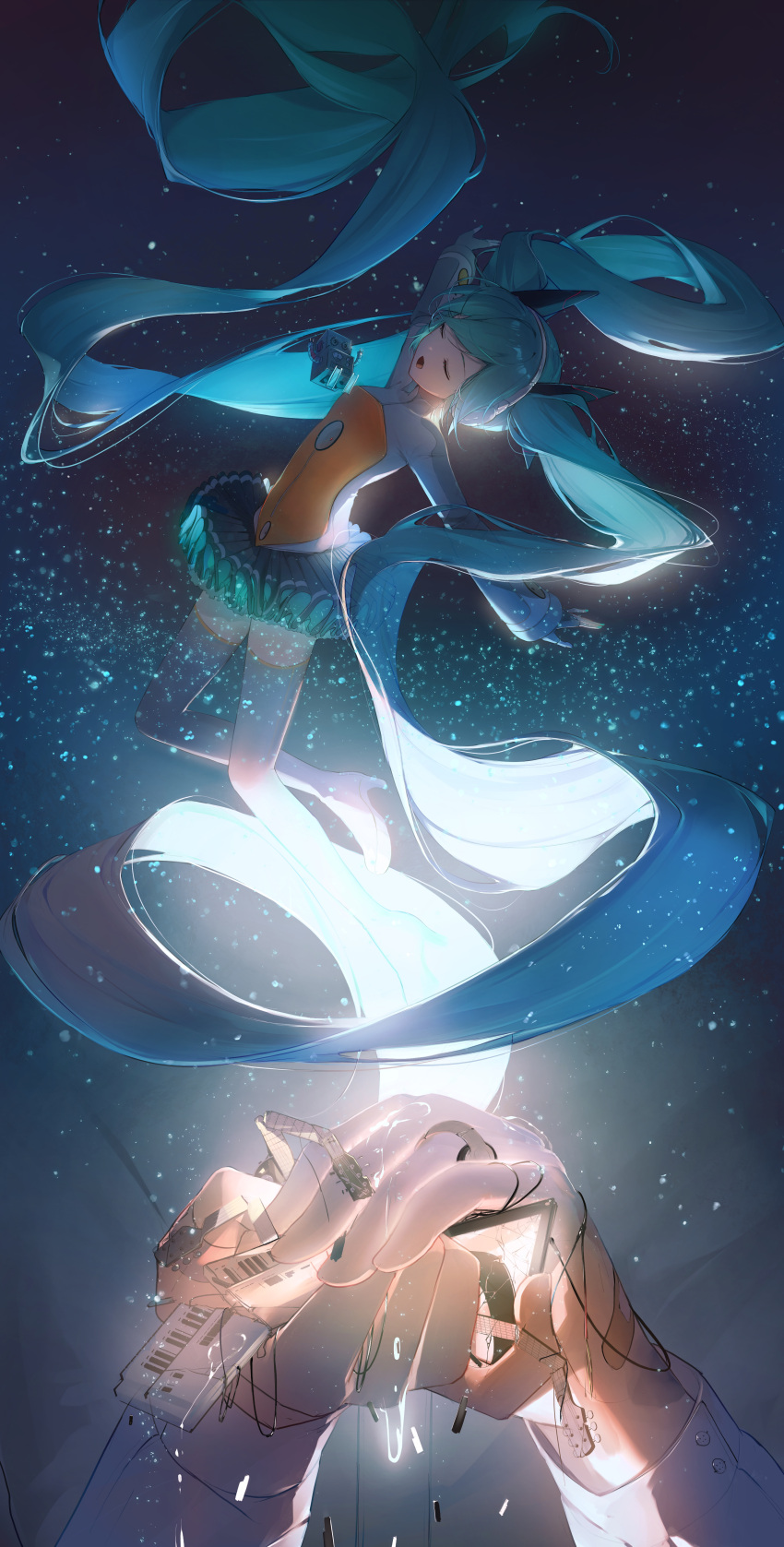 1girl, absurdres, aqua_eyes, aqua_hair, black_skirt, blue_hair, closed_eyes, floating_hair