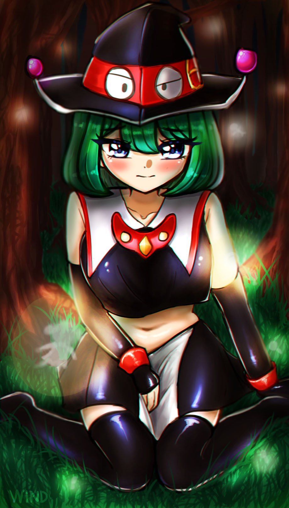 bare_shoulders, blue_eyes, boots, collarbone, elbow_gloves, fingerless_gloves, gloves, grass