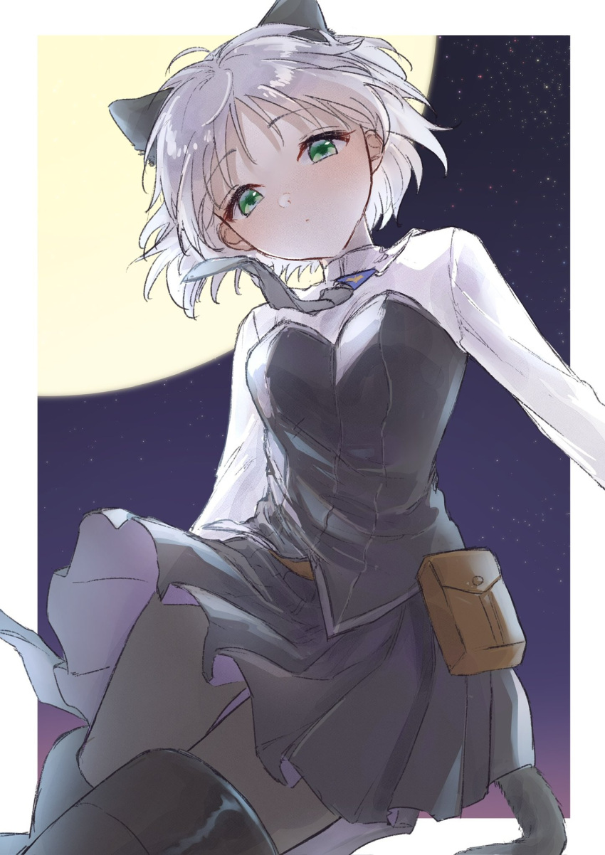 1girl, animal_ears, black_pantyhose, breasts, cat_ears, expressionless, flying, full_moon