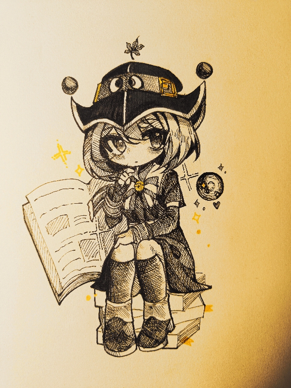 bell, belt, black_hat, book, boots, cuffs, dress, ebm7-5