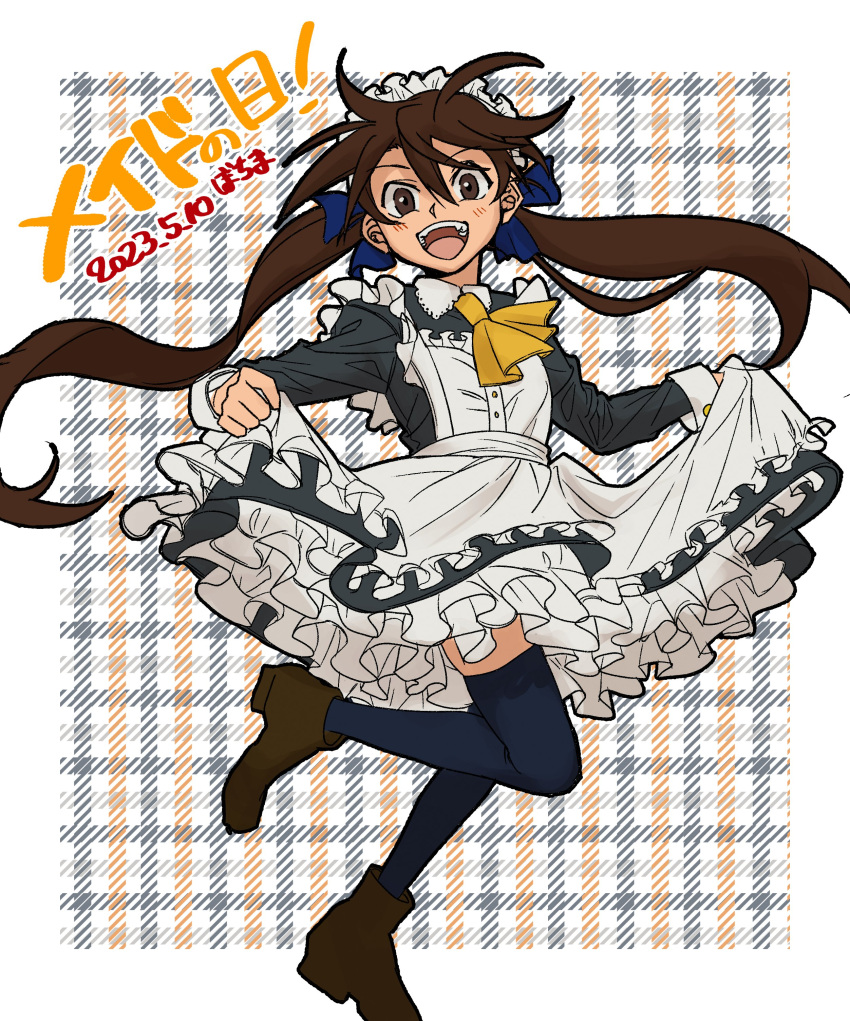 1girl, absurdres, alternate_costume, apron, ascot, battle_of_blood, black_thighhighs, boots