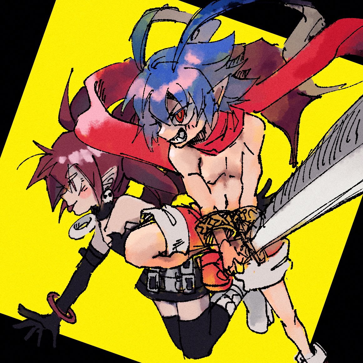 1boy, 1girl, battle_of_blood, black_thighhighs, blue_hair, blush, disgaea, elbow_gloves, etna_(disgaea), flat_chest, gloves, grin, holding, holding_sword, holding_weapon, huge_antenna_hair, laharl, miniskirt, pointy_ears, red_scarf, redhead, scarf, shorts, sketch, skirt, smile, sword, thigh-highs, topless, two-tone_background, weapon, zettai_ryouiki
