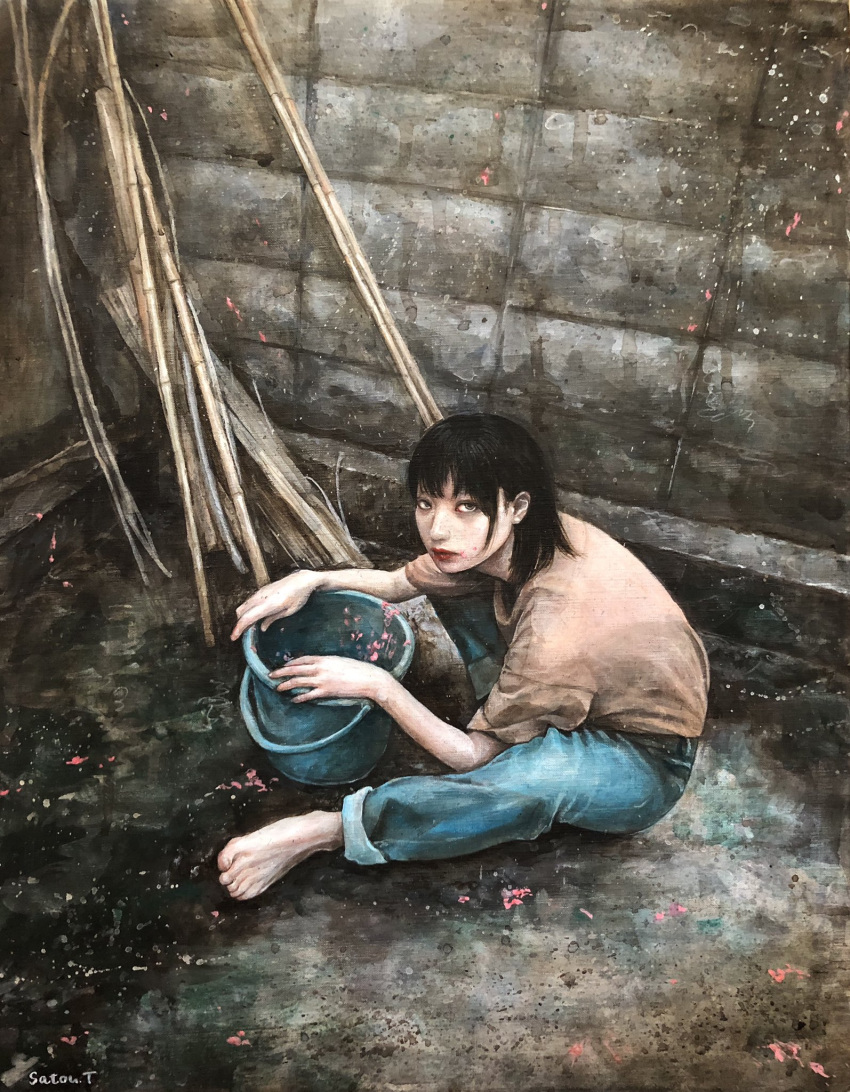 1girl, black_hair, blue_pants, brick_wall, brown_shirt, bucket, denim, highres