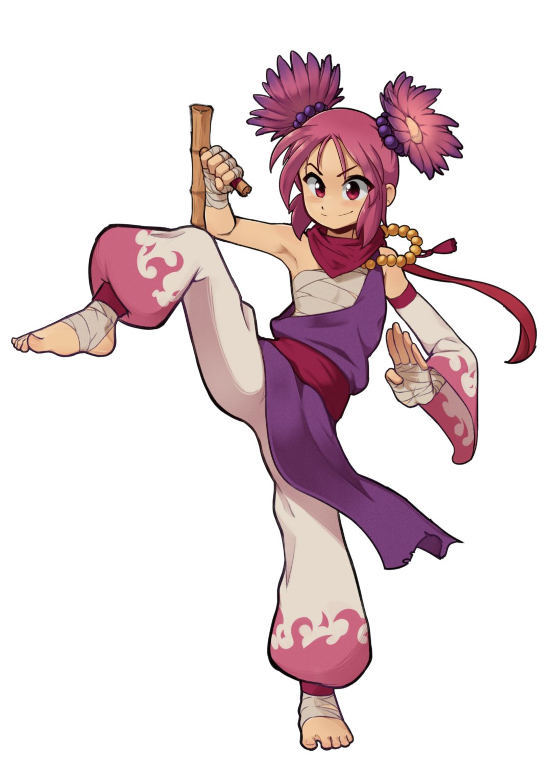 1girl, bamboo, bandaged_foot, bandaged_hand, bandages, bare_shoulders, bead_necklace, beads