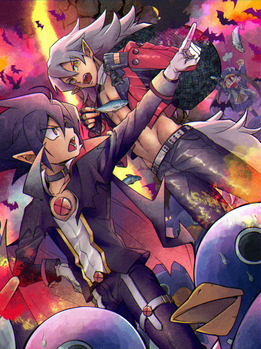 1girl, 2boys, absurdres, angry, bat_(animal), battle_of_blood, black_hair, black_jacket
