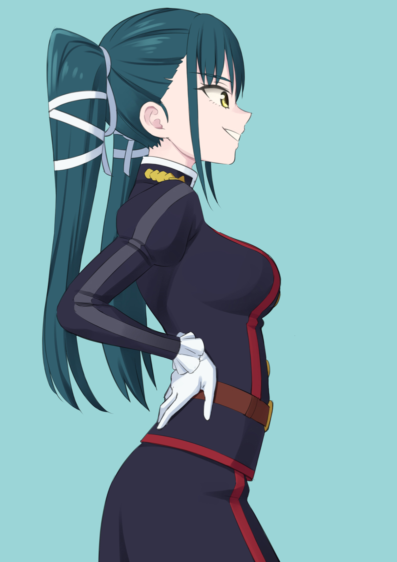 1girl, anti-demon_corps_uniform, aqua_background, azuma_yachiho, blue_jacket, blue_skirt, easy_(aqk7bdqt), from_side