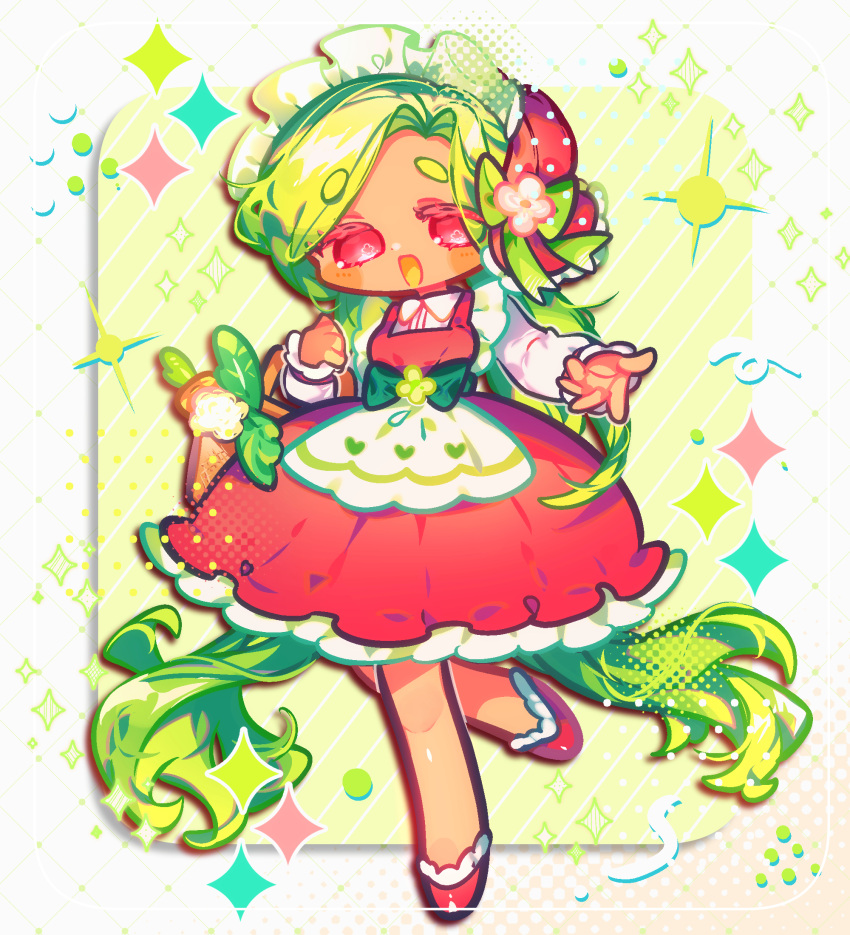 1girl, :d, absurdly_long_hair, apron, basket, blush, border, colored_eyelashes