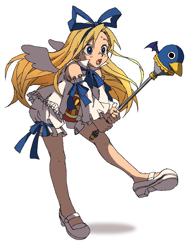 1girl, battle_of_blood, blonde_hair, blue_eyes, blush, detached_sleeves, disgaea, flonne