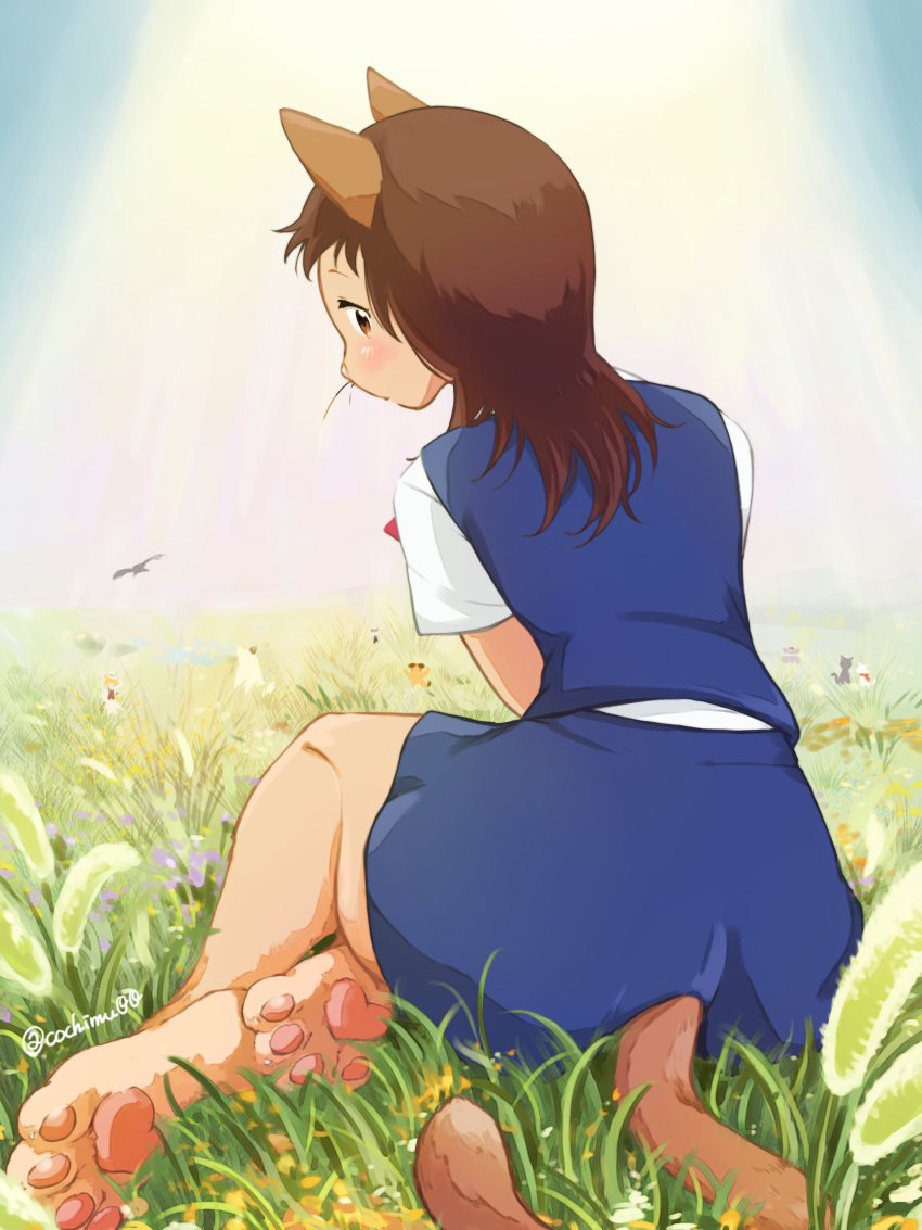 1girl, absurdres, animal_ears, animal_feet, animal_nose, bird, blue_shirt, blue_skirt