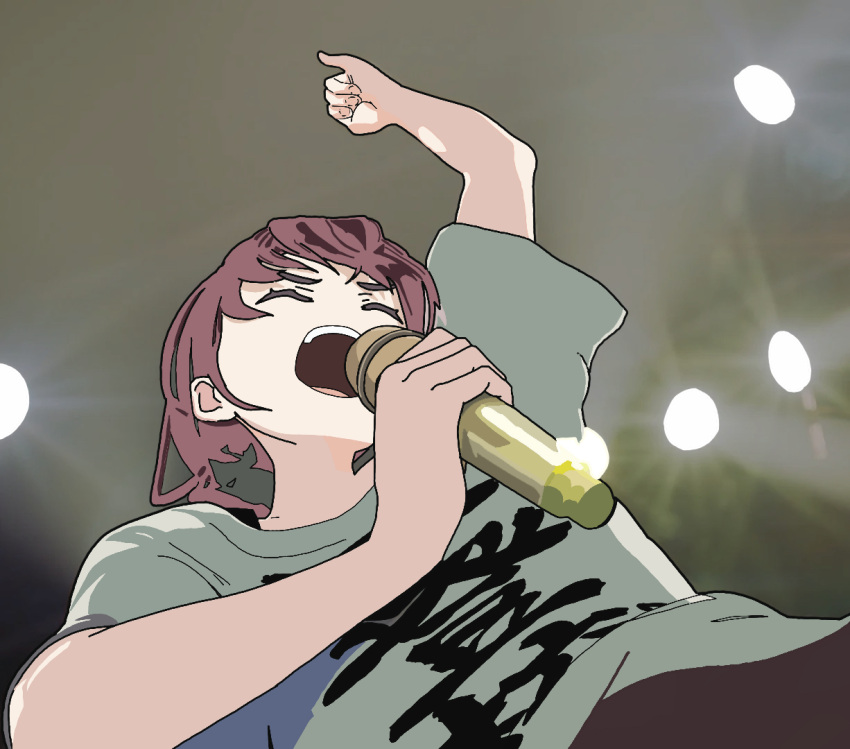 1girl, closed_eyes, from_below, girls_band_cry, holding, holding_microphone, iseri_nina, microphone