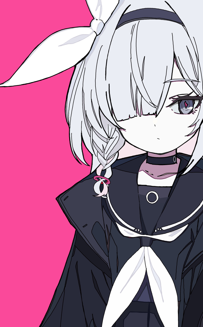 1girl, absurdres, blue_archive, braid, choker, coat, grey_eyes, grey_hair