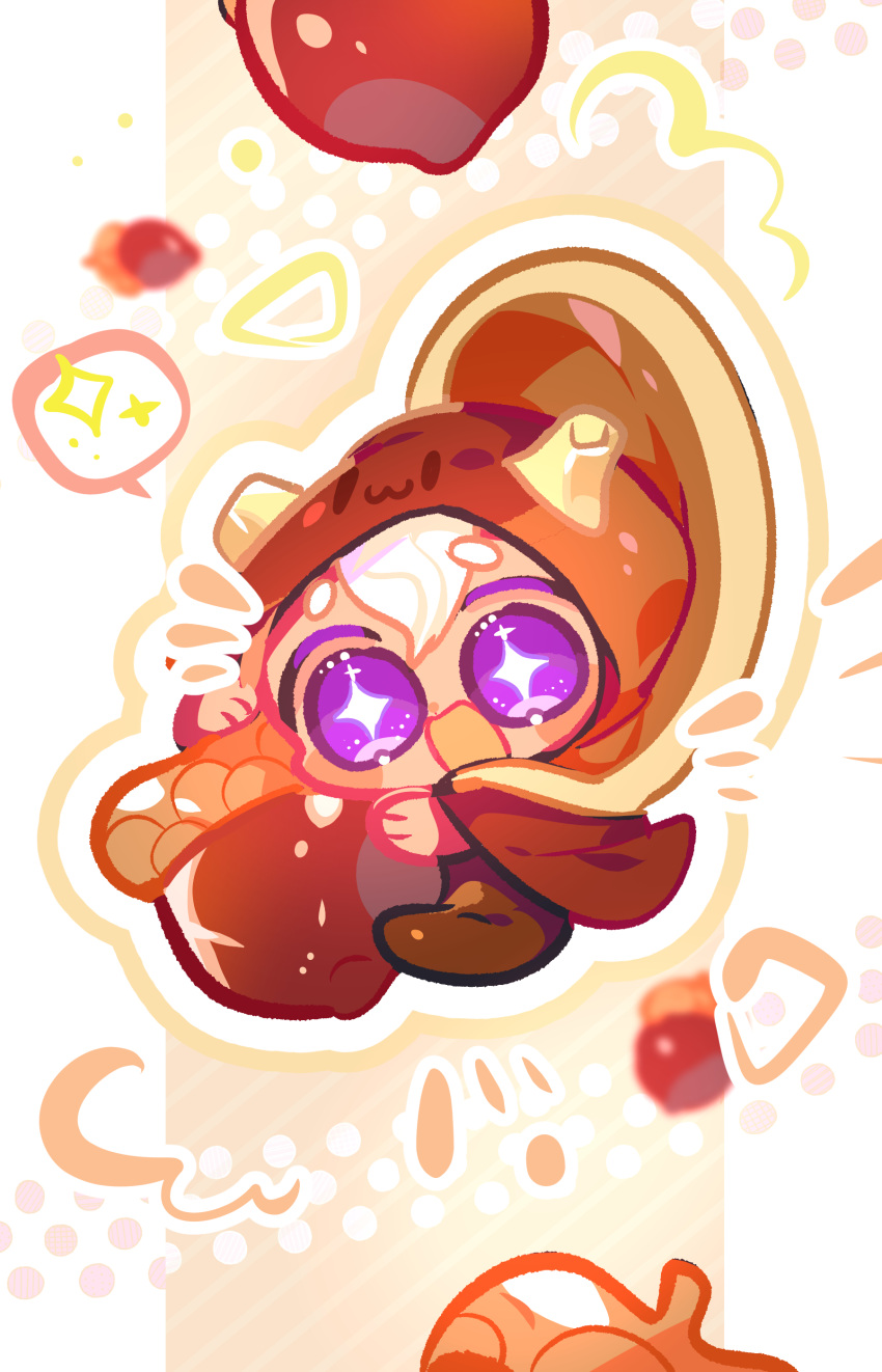 +_+, 1boy, absurdres, acorn, bright_pupils, brown_cape, cape, chibi