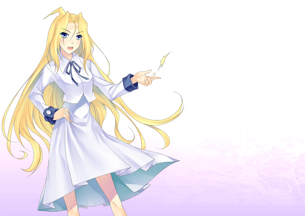 ahoge, blonde_hair, blue_eyes, dress, hand_on_hip, hips, open_mouth, pun, ryuumonbuchi_touka, saki, smile, snap