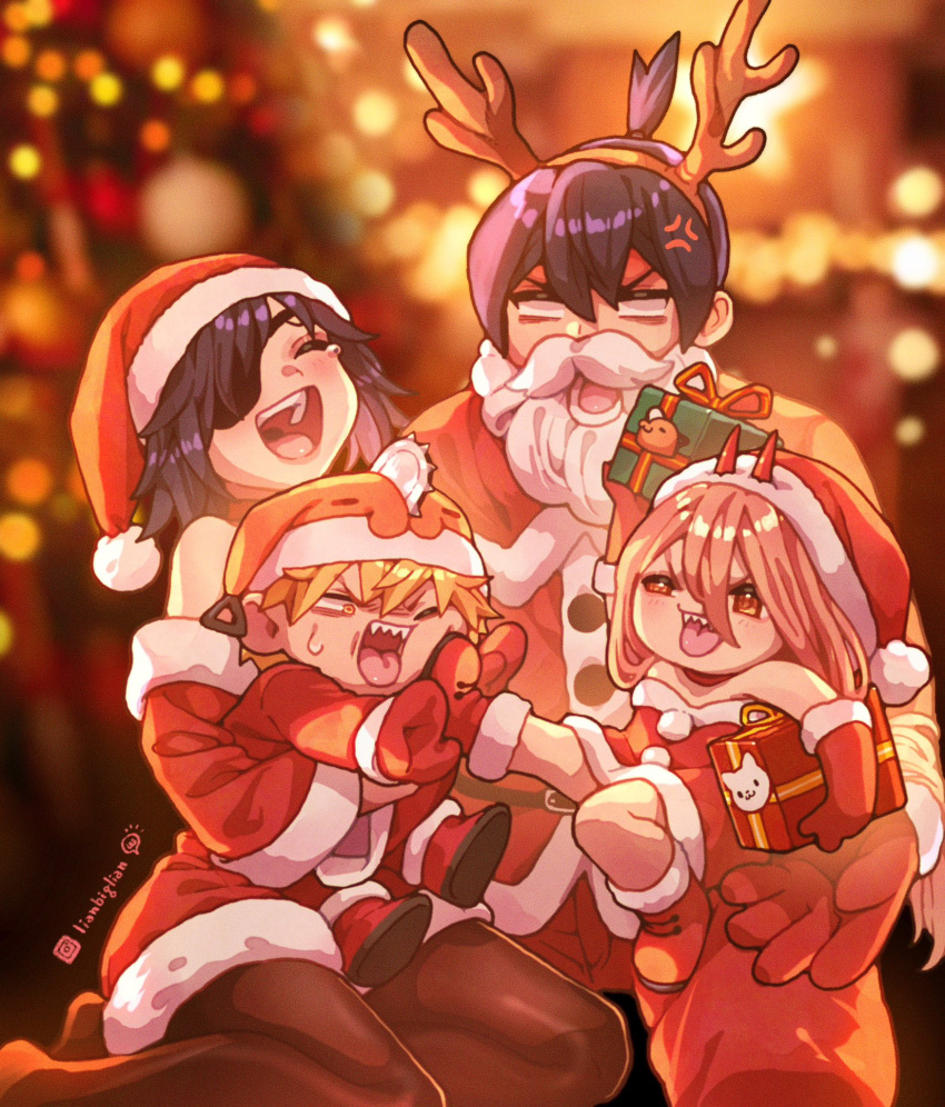 2boys, 2girls, anger_vein, animal_hat, antlers, artist_name, bare_shoulders, black_hair
