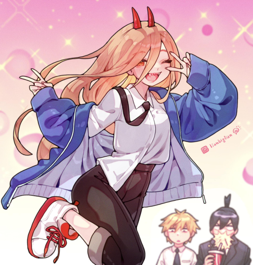 1girl, 2boys, artist_name, black_hair, black_jacket, black_necktie, black_pants, blonde_hair