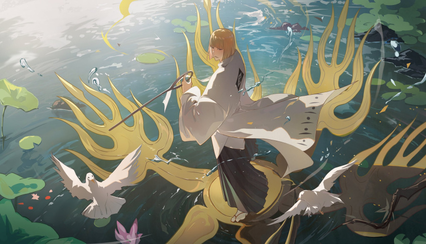 1boy, backlighting, bankai, bird, black_hakama, bleach, bleach:_sennen_kessen-hen, blonde_hair
