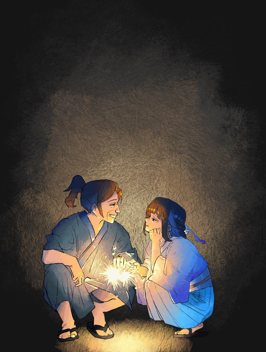 1boy, 1girl, ^_^, black_hair, chinese_clothes, closed_eyes, ehddb72, fireworks