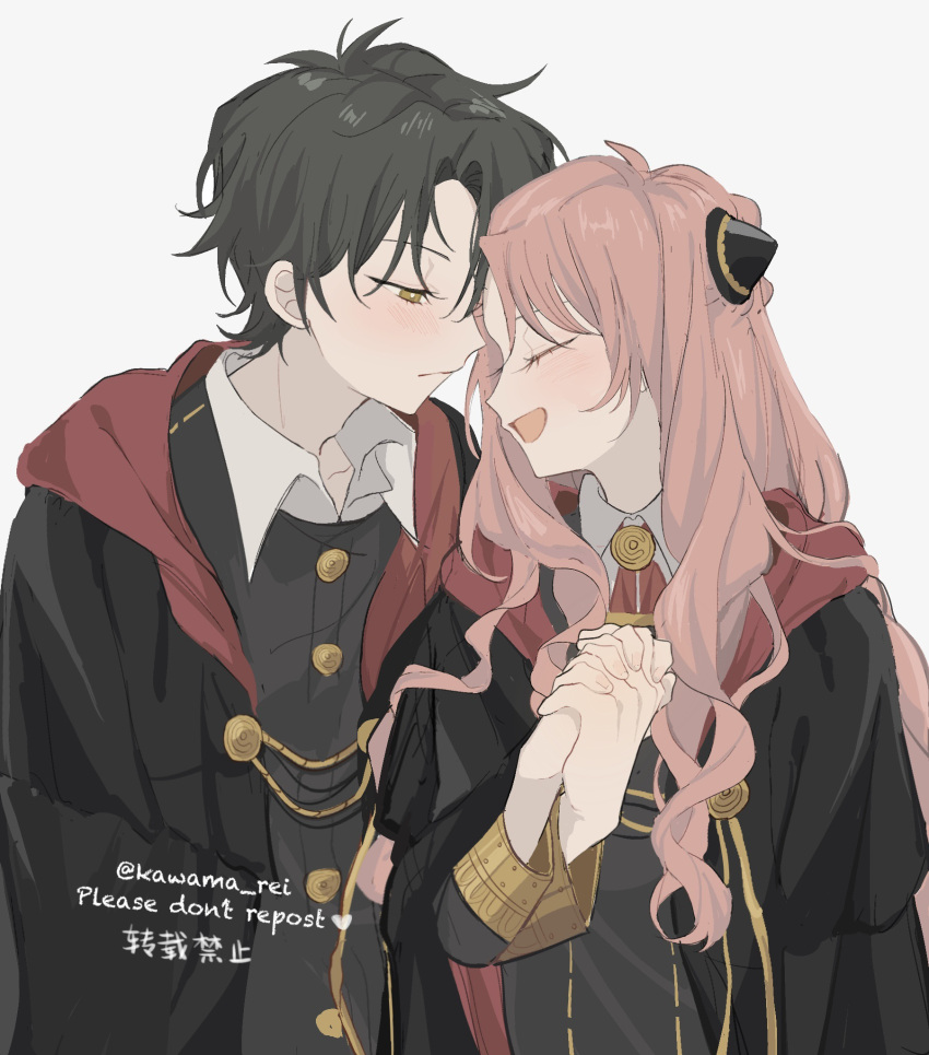 1boy, 1girl, aged_up, anya_(spy_x_family), black_hair, blush, closed_eyes, cone_hair_bun