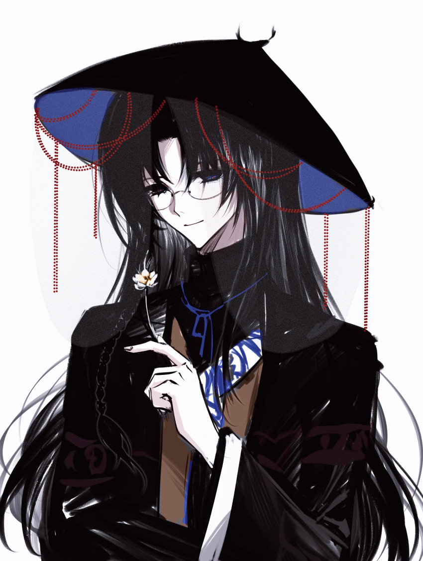 1boy, absurdres, ajirogasa, black_eyes, black_hair, black_hat, black_jacket, brown_hanfu