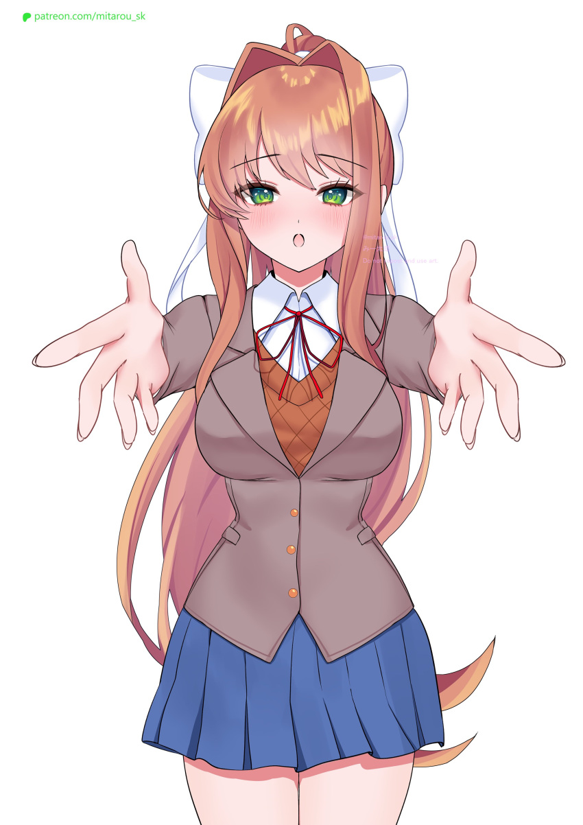1girl, absurdres, artist_name, blue_skirt, blush, breasts, brown_hair, collared_shirt, cowboy_shot, doki_doki_literature_club, green_eyes, highres, large_breasts, long_hair, looking_at_viewer, mi_tarou0412, monika_(doki_doki_literature_club), open_mouth, outstretched_hand, ponytail, reaching, reaching_towards_viewer, ribbon, school_uniform, shirt, simple_background, skirt, very_long_hair, web_address, white_background, white_ribbon, white_shirt