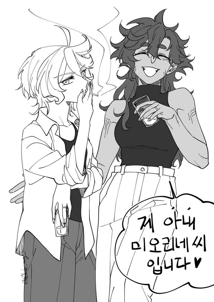 2girls, absurdres, bare_arms, cigarette, closed_eyes, collared_shirt, commentary_request, drink