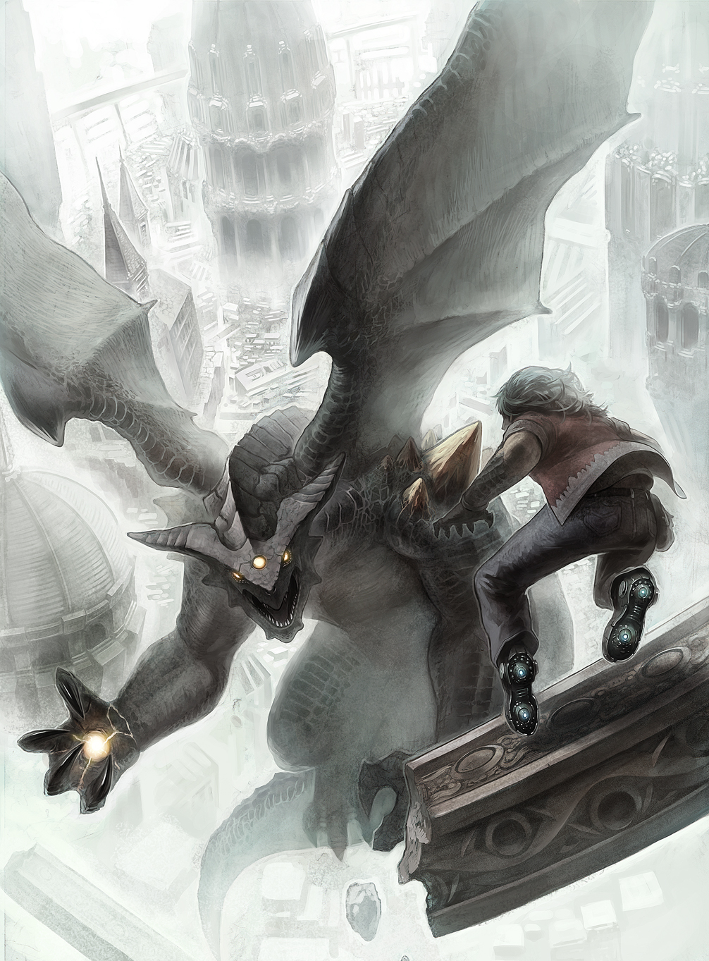 battle, building, commentary, dragon, highres, monster, original, takeda_kanryuusai