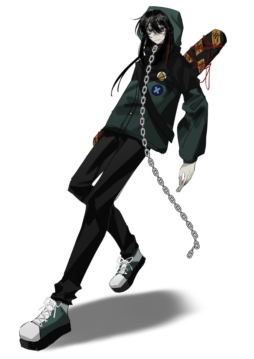 :|, absurdres, black_eyes, black_hair, black_pants, chain, chinese_commentary, closed_mouth