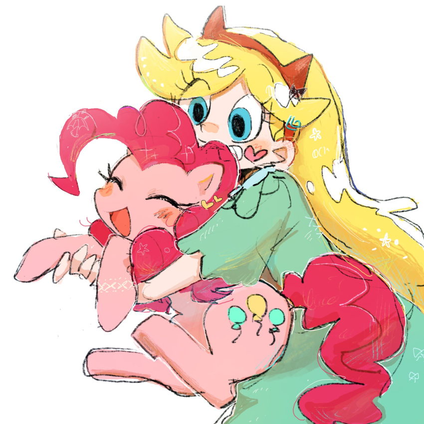1girl, ^_^, animal, blonde_hair, blue_eyes, closed_eyes, crossover, cutie_mark, dress, facial_tattoo, fake_horns, green_dress, grin, hair_behind_ear, hairband, heart, heart_tattoo, highres, horns, hug, long_hair, looking_at_animal, my_little_pony, my_little_pony:_friendship_is_magic, nendo23, pink_hair, pink_tail, pinkie_pie, red_hairband, simple_background, smile, star_butterfly, star_vs_the_forces_of_evil, tattoo, upper_body, white_background