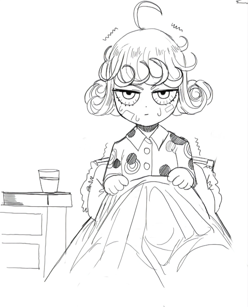 1girl, ahoge, bed, blanket, bloodshot_eyes, commentary, curly_hair, glass, greyscale, highres, monochrome, nightstand, nnsee_d, one-punch_man, pajamas, pillow, polka_dot, solo, sweat, tatsumaki, trembling, v-shaped_eyebrows, waking_up
