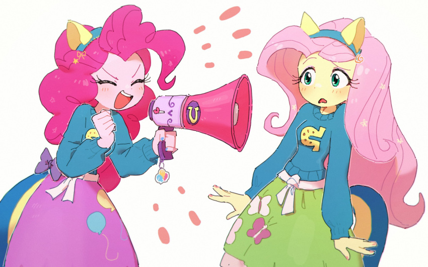 2girls, :d, ^_^, animal_ear_hairband, animal_ears, arms_at_sides, blue_hairband, blue_sweater