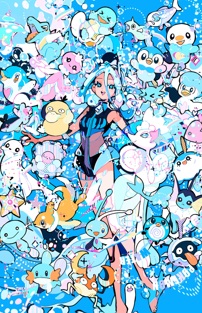 1girl, absurdres, air_bubble, bare_arms, bare_legs, barefoot, blue_eyes, bubble, buizel, character_request, clamperl, commentary_request, crab, dewgong, english_text, finizen, fish, frillish, frillish_(female), full-length_zipper, full_body, hair_between_eyes, hatsune_miku, heart, highres, holding, holding_poke_ball, horsea, krabby, looking_at_viewer, luvdisc, manaphy, mantyke, mudkip, n79oqc3yja6jlof, one-piece_swimsuit, one_eye_closed, open_mouth, oshawott, piplup, poke_ball, pokemon, pokemon_(creature), poliwag, primarina, project_voltage, psyduck, quaxly, remoraid, seahorse, shellder, smile, solo, squirtle, staryu, swimsuit, tan, tanlines, totodile, vaporeon, vocaloid, water_miku_(project_voltage), wiglett, wishiwashi, wishiwashi_(solo), wooper, zipper, zipper_pull_tab