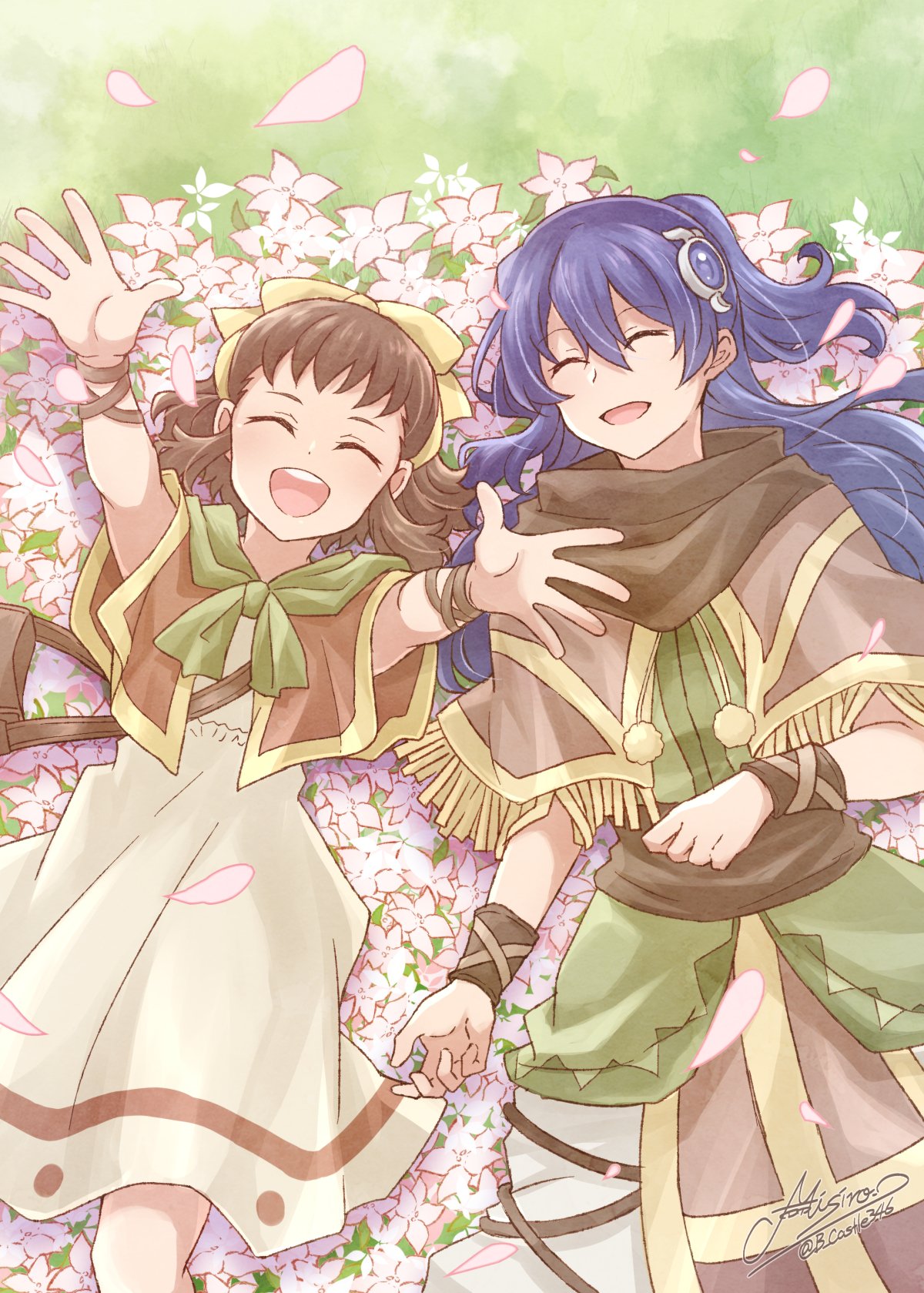 2girls, :d, ^_^, blue_hair, brown_capelet, brown_hair, capelet, cherry_blossoms