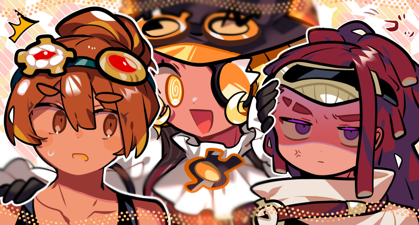 1boy, 2girls, :d, @_@, anger_vein, ascot, black_gloves, black_hat