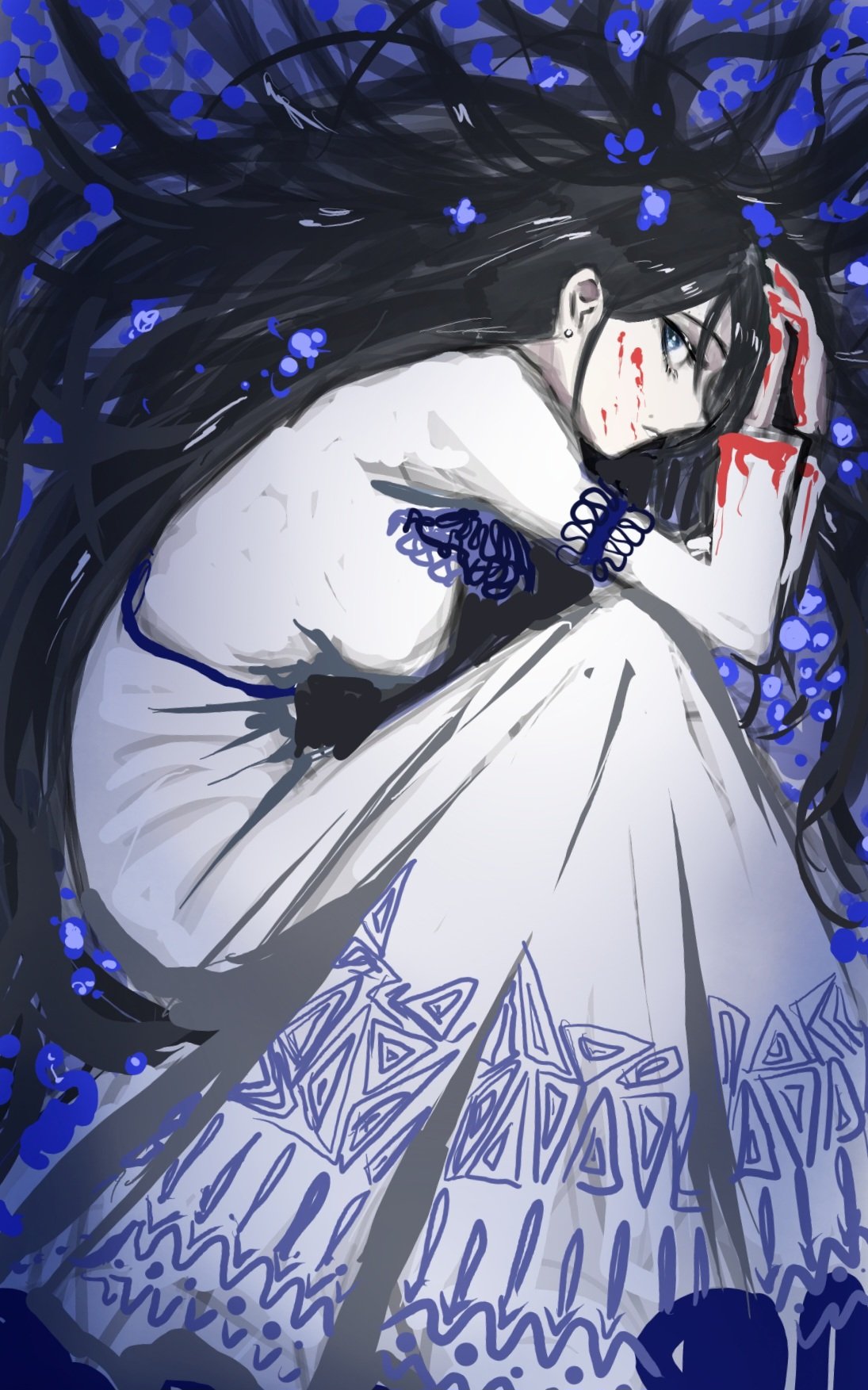 1girl, black_hair, blood, blood_on_clothes, blood_on_face, blood_on_hands, blue_eyes, breasts