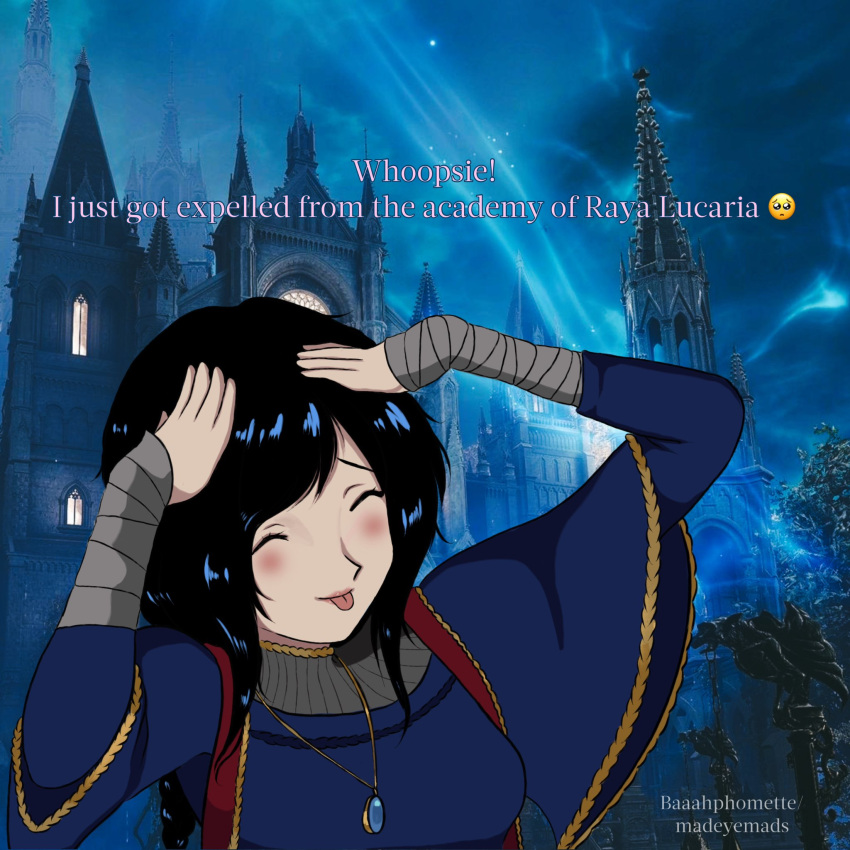 1girl, :p, ah_eto..._bleh_(meme), artist_name, baaahphomette, bandaged_arm, bandages, black_hair