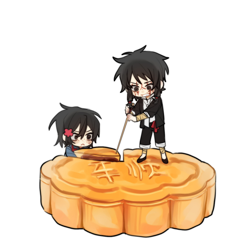 2boys, :<, bandaged_arm, bandaged_leg, bandages, black_eyes, black_footwear, black_hair