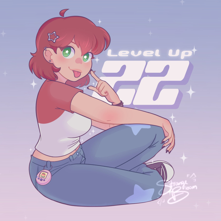 1girl, ahoge, black_nails, blue_pants, bracelet, breasts, commentary_request, denim