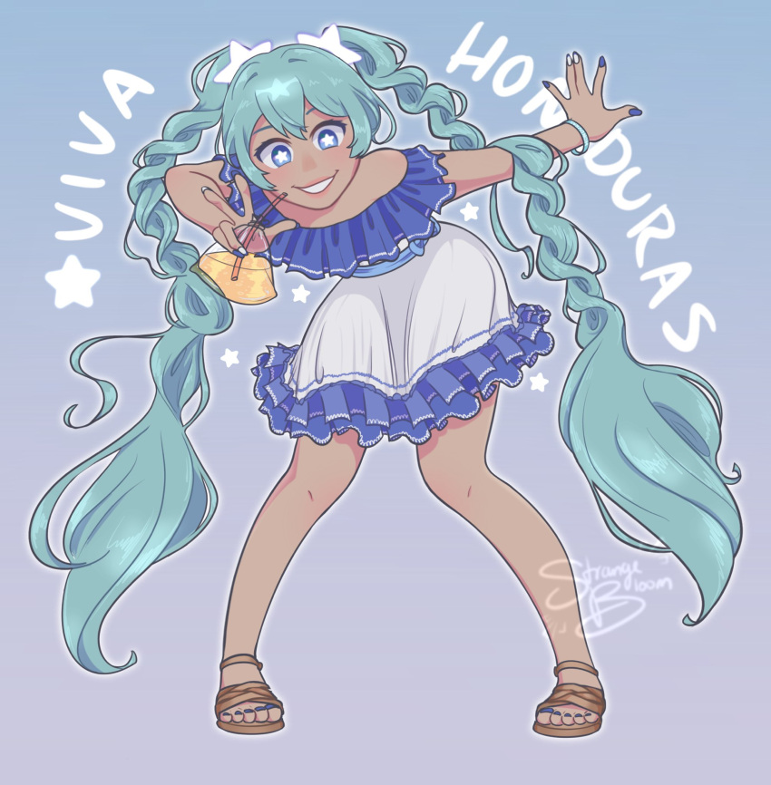 1girl, alternate_skin_color, aqua_hair, bag, bare_shoulders, blue_eyes, blue_nails, bracelet