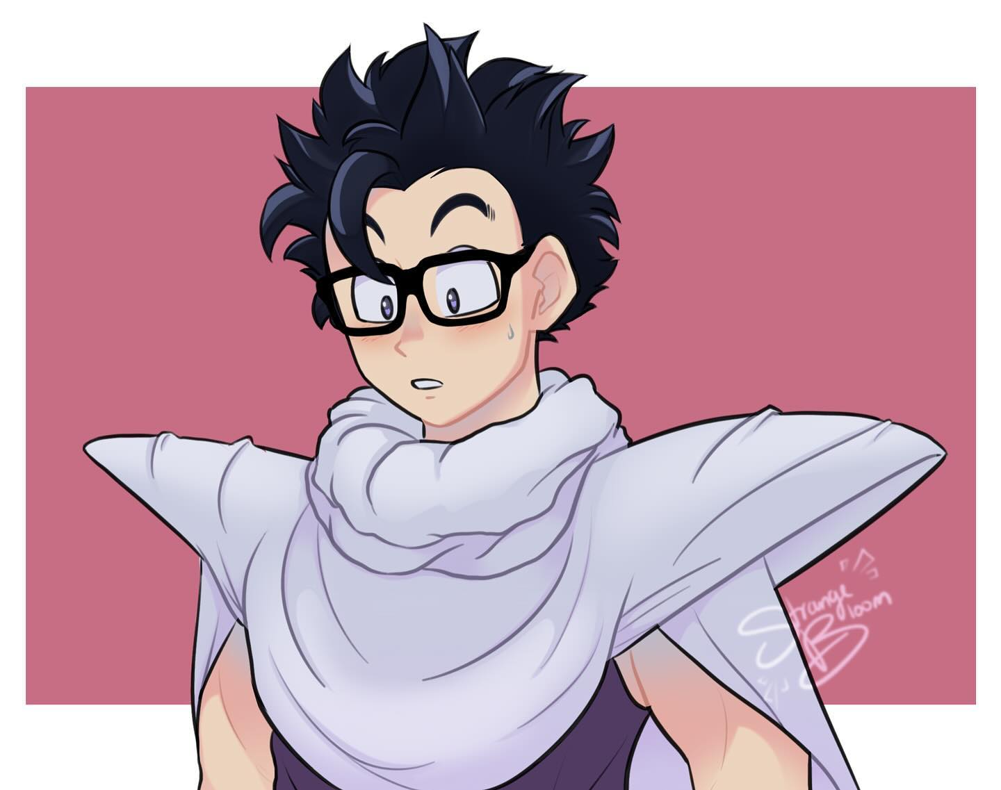 1boy, black_eyes, black_hair, cape, commentary_request, dragon_ball, dragon_ball_super, dragon_ball_super_super_hero, glasses, male_focus, shoulder_pads, signature, solo, son_gohan, spanish_commentary, strange_bloom, sweatdrop, upper_body, white_cape