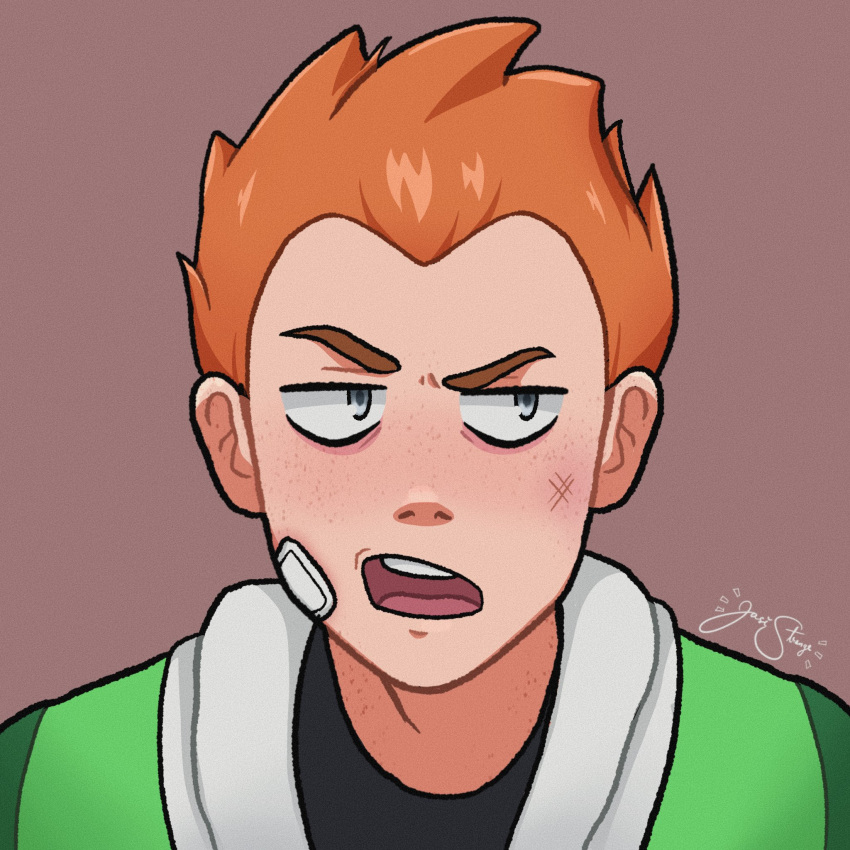 1boy, bandaid, bandaid_on_cheek, bandaid_on_face, brown_background, bruise, bruise_on_face, commentary_request