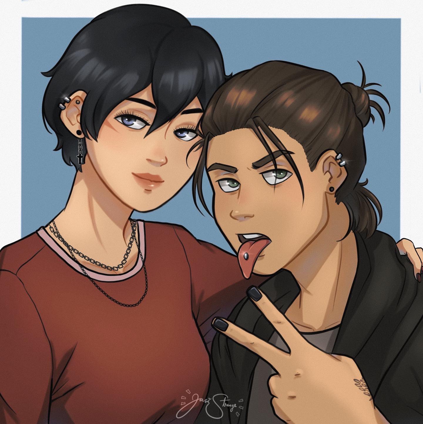 1boy, 1girl, black_hair, black_hoodie, black_nails, breasts, brown_hair, commentary