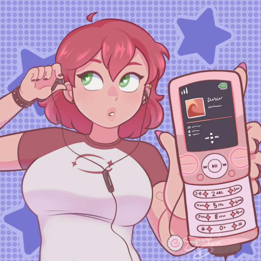 1girl, ahoge, bracelet, breasts, charm_(object), commentary, ear_piercing, earphones