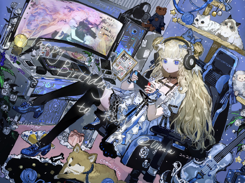 1girl, black_thighhighs, blonde_hair, blue_bow, blue_dress, blue_eyes, blue_footwear, bow, cat, cat_tower, chain, chair, computer, computer_keyboard, dated, dog, double_bun, dress, english_text, flower, footwear_bow, frilled_sleeves, frills, gaming_chair, gift, hair_bow, hair_bun, happy_birthday, headphones, high_heels, highres, indoors, instrument, jewelry, long_hair, messy_room, necklace, open_mouth, original, puffy_short_sleeves, puffy_sleeves, ragdoll_(cat), server, short_dress, short_sleeves, sitting, slippers, solo, stuffed_animal, stuffed_toy, swivel_chair, teddy_bear, thank_you, thigh-highs, vase, vihua6, violin, white_flower